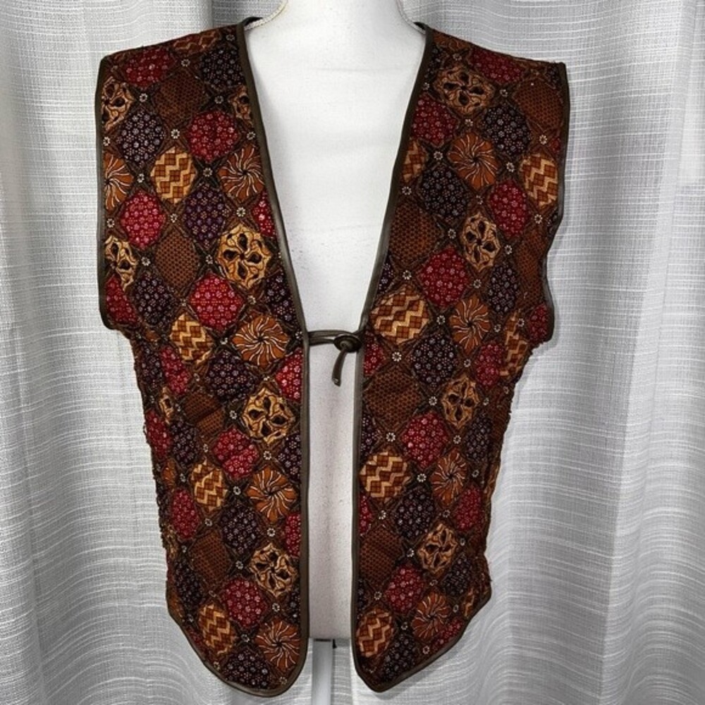 Vintage Cache Beaded Vest Medium Faux Leather Trim Ties Earth Tones Retro